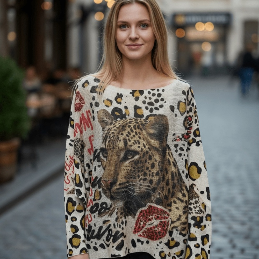 NWT Leopard Graphic Knit Sweater - Cream Multi